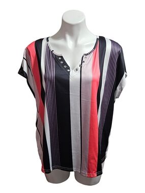 SHEIN Black, White, Coral & Purple Striped V-Neck Short Sleeve Top